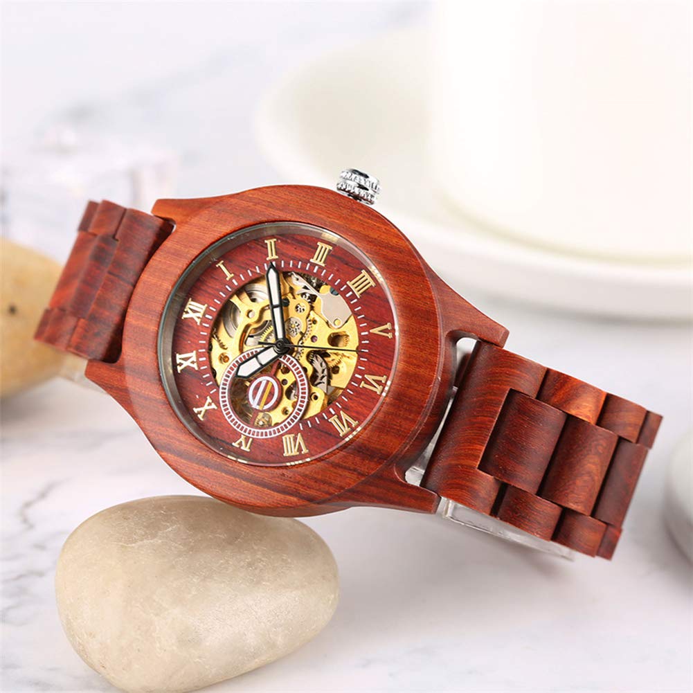 Amazon.co.jp: ブラウン/レッド全木製の男性の腕時計機械式自動巻き